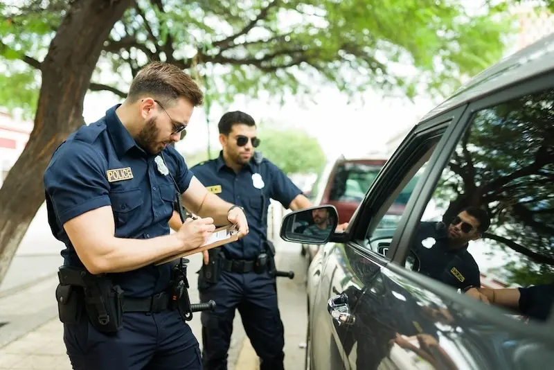 A person is handed a traffic citation by an officer and looks worriedly at the ticket, contemplating the need for a traffic ticket lawyer to assist with the violation.