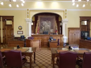 A snapshot of a courtroom symbolizing the juvenile detention center process