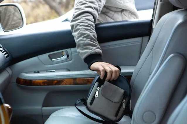 A person stealing a handbag from a car, symbolizing the importance of hiring a theft crime lawyer if facing charges